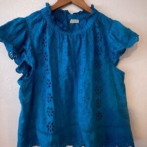 Elegant Blue Eyelet Blouse with Ruffle Sleeves